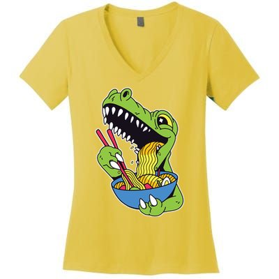 T-Rex Eating Ramen Women's V-Neck T-Shirt