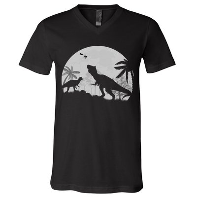 T-Rex In The Moon V-Neck T-Shirt