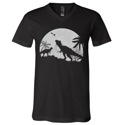 T-Rex In The Moon V-Neck T-Shirt