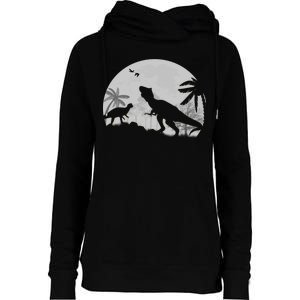 T-Rex In The Moon Womens Funnel Neck Pullover Hood