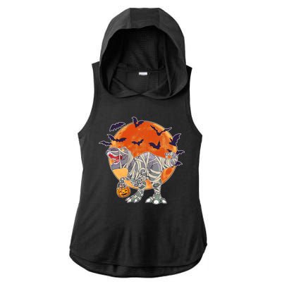 T-Rex Mummy Attack Spooky Halloween Ladies PosiCharge Tri-Blend Wicking Draft Hoodie Tank