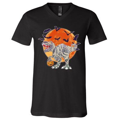 T-Rex Mummy Attack Spooky Halloween V-Neck T-Shirt