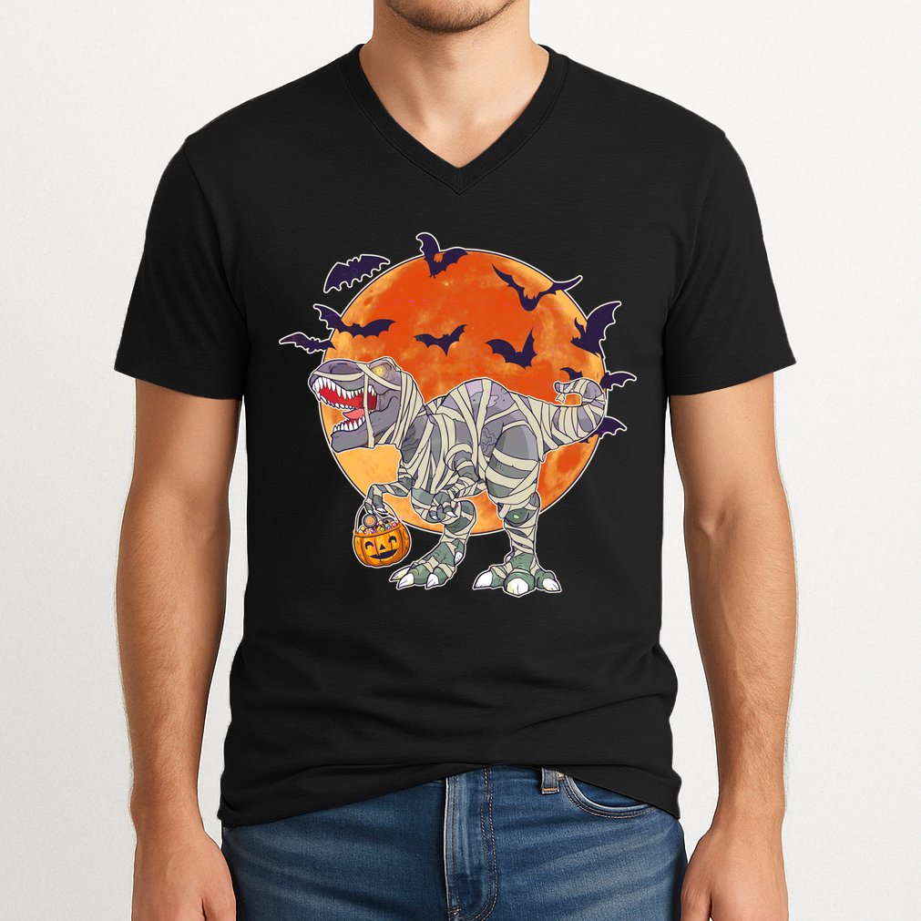 T-Rex Mummy Attack Spooky Halloween V-Neck T-Shirt