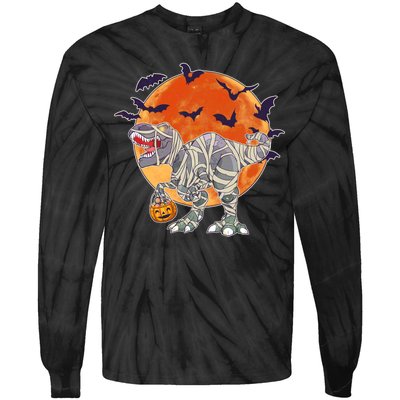 T-Rex Mummy Attack Spooky Halloween Tie-Dye Long Sleeve Shirt