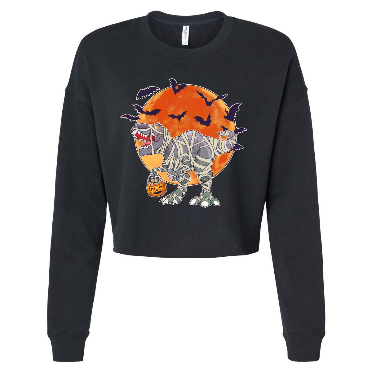 T-Rex Mummy Attack Spooky Halloween Cropped Pullover Crew