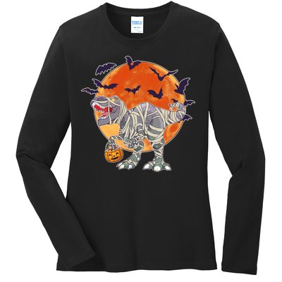 T-Rex Mummy Attack Spooky Halloween Ladies Long Sleeve Shirt