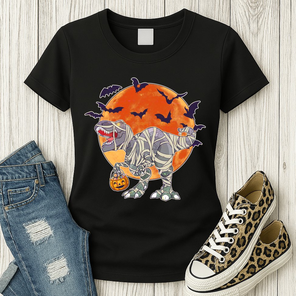 T-Rex Mummy Attack Spooky Halloween Womens T-Shirt