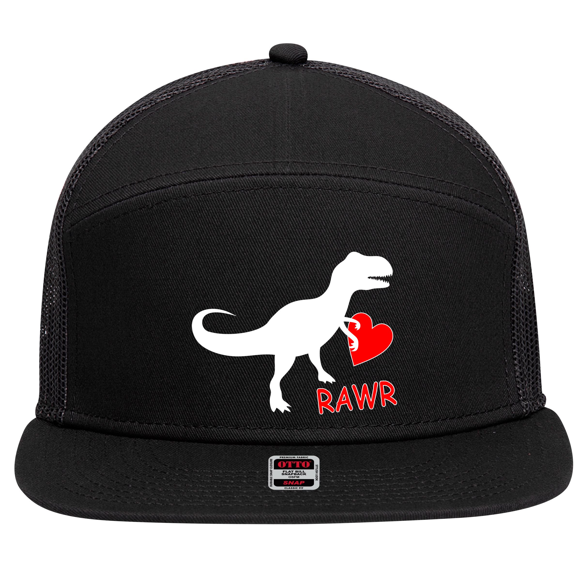 T-Rex Rawr Heart Dinosaur Valentine's Day 7 Panel Mesh Trucker Snapback Hat