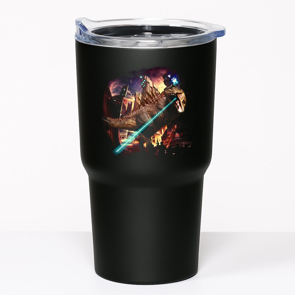 T-Rex Rexzilla Lazer Burning City Tumbler