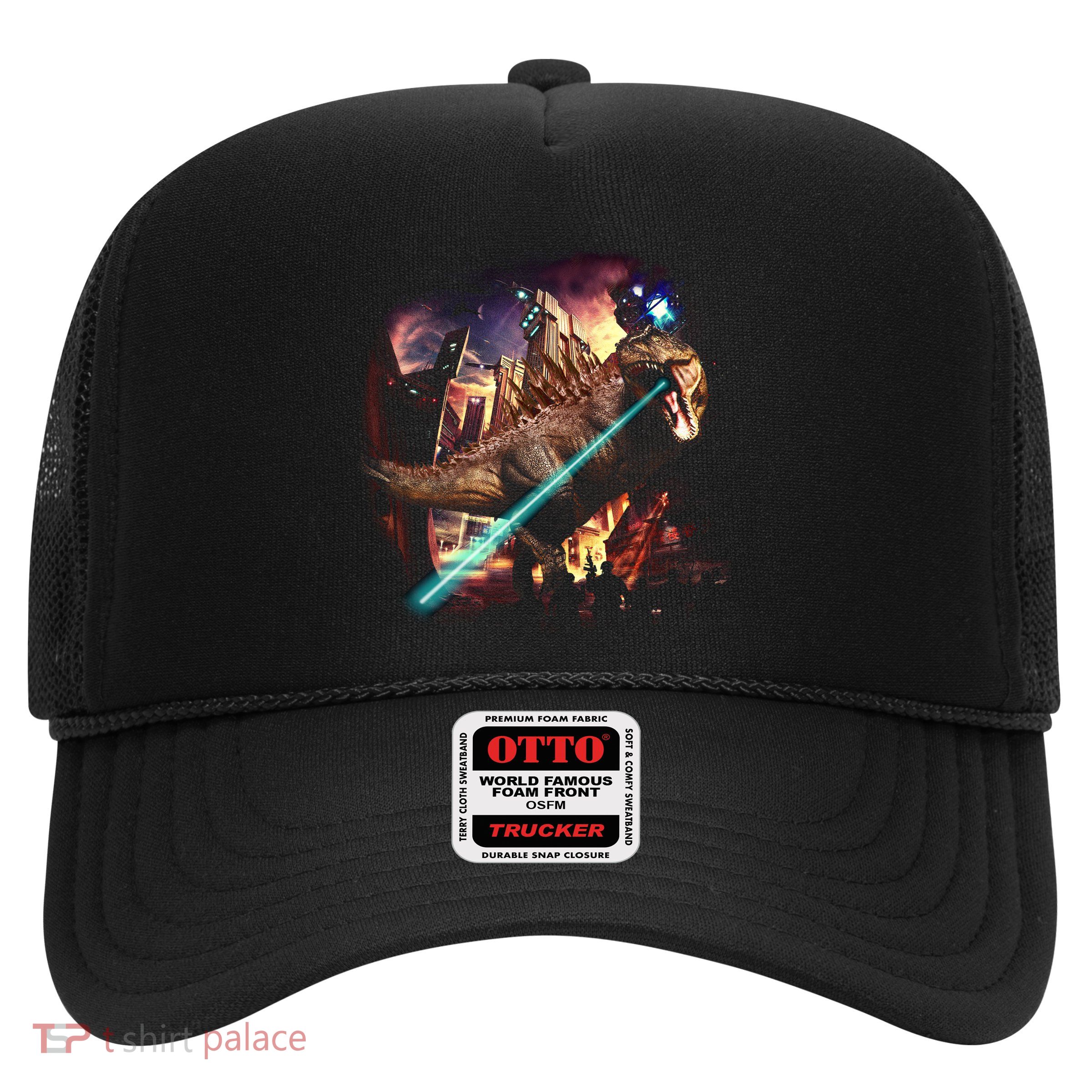 T-Rex Rexzilla Lazer Burning City Trucker Hat