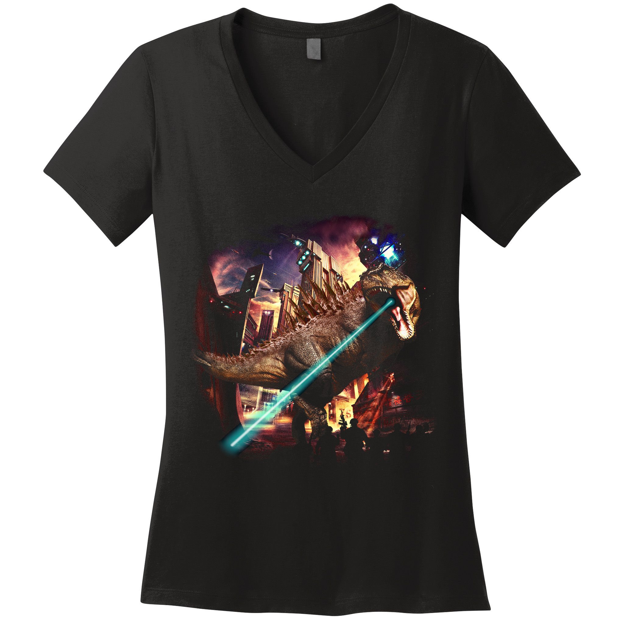 T-Rex Rexzilla Lazer Burning City Women's V-Neck T-Shirt