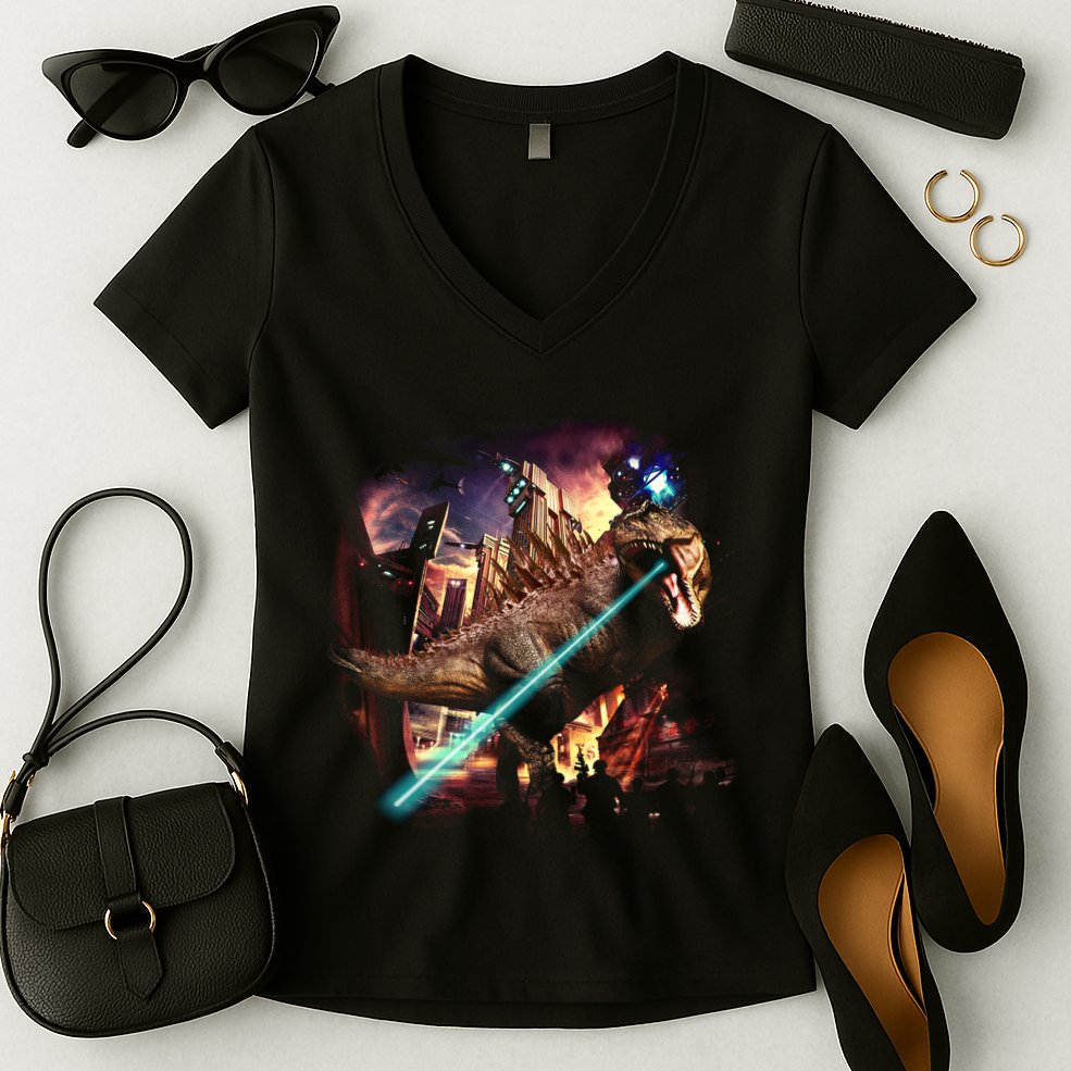 T-Rex Rexzilla Lazer Burning City Women's V-Neck T-Shirt