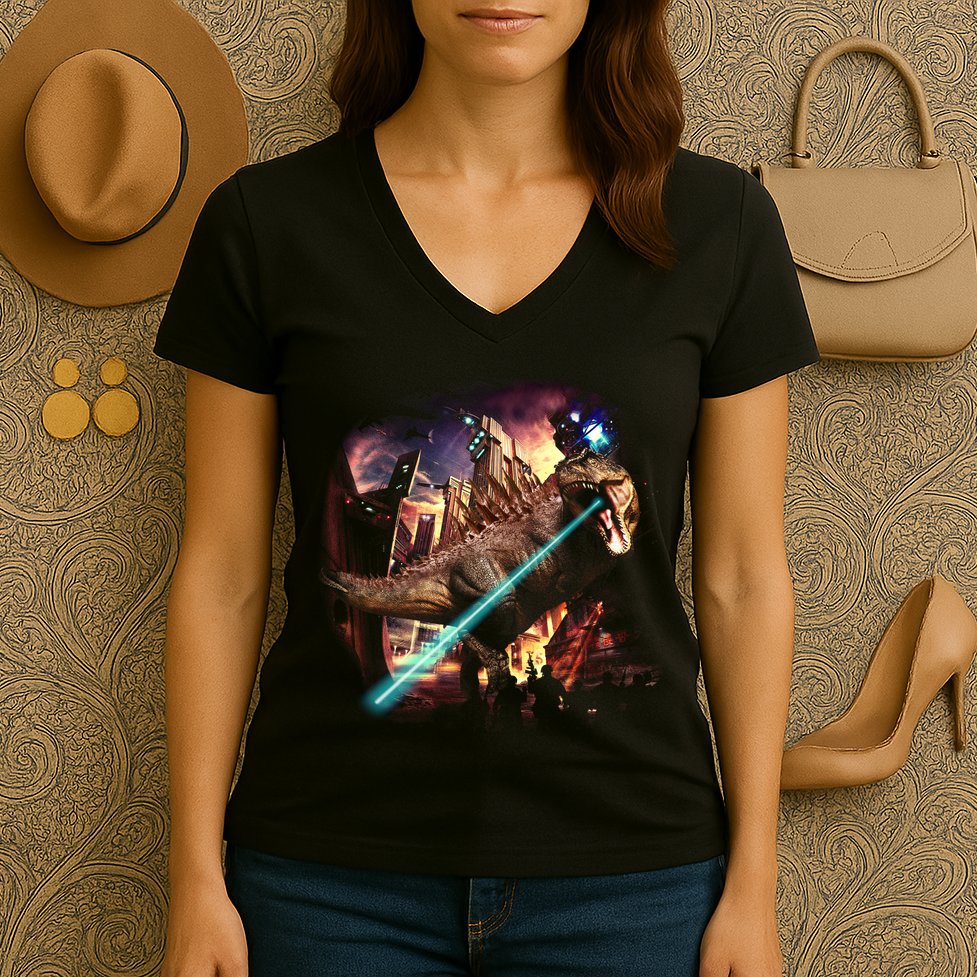 T-Rex Rexzilla Lazer Burning City Women's V-Neck T-Shirt
