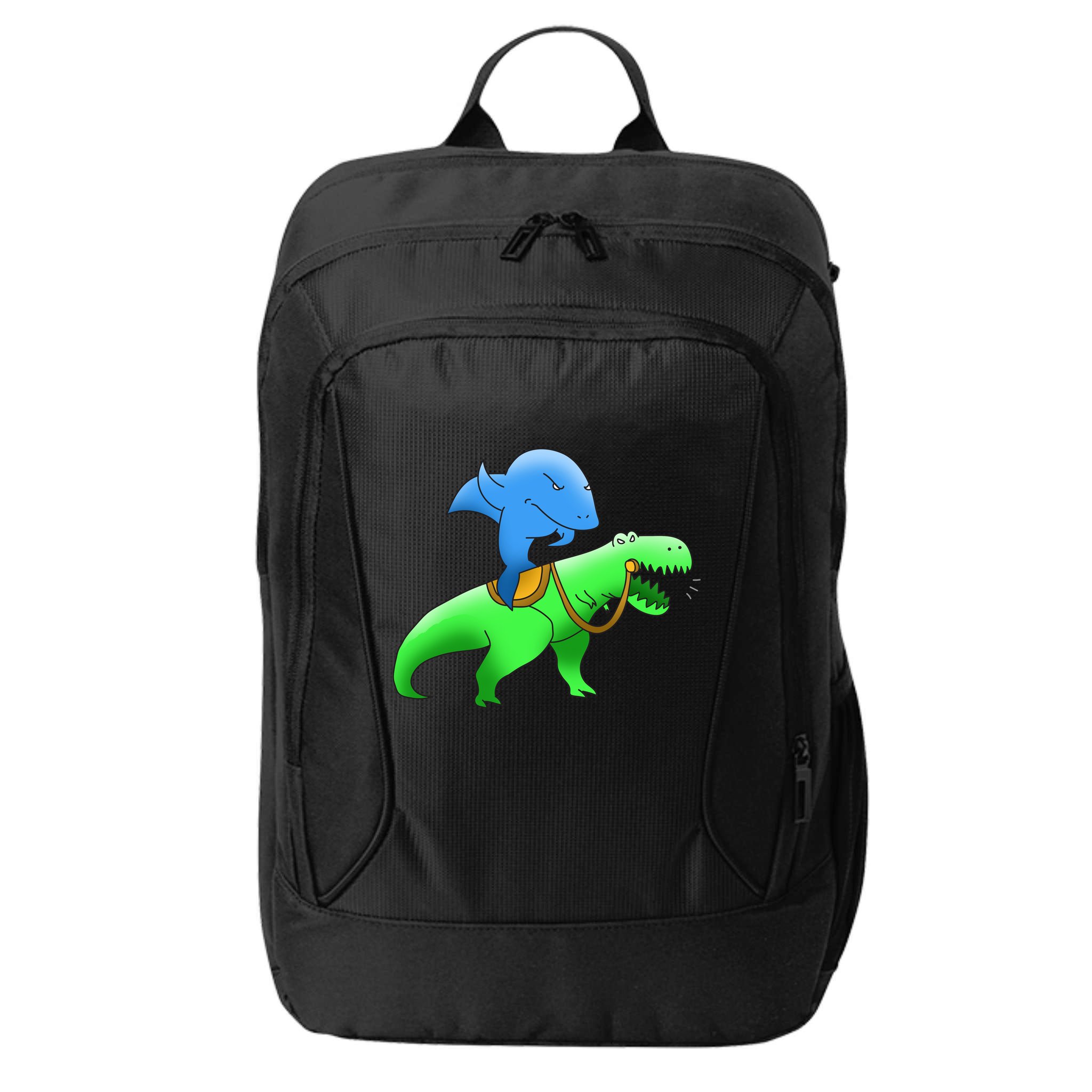 T-Rex Riding A Shark City Backpack