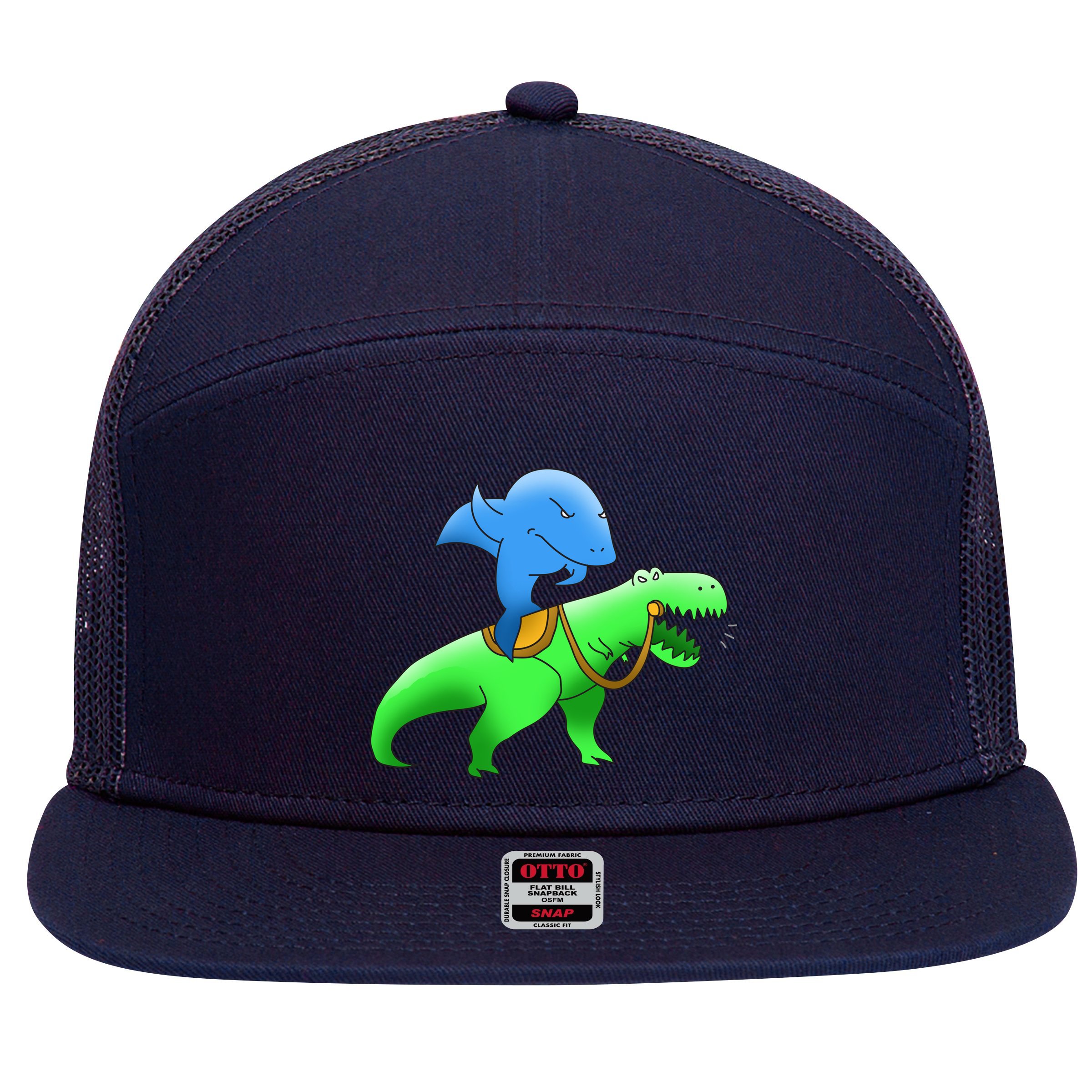T-Rex Riding A Shark 7 Panel Mesh Trucker Snapback Hat