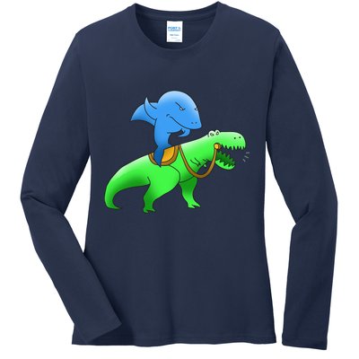 T-Rex Riding A Shark Ladies Long Sleeve Shirt