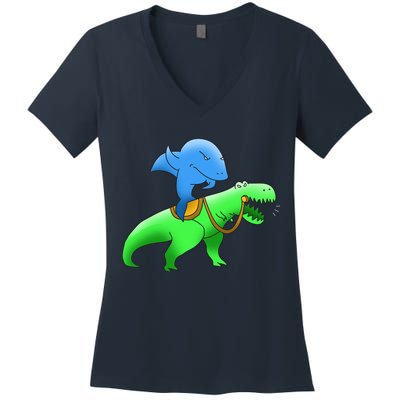 T-Rex Riding A Shark Women's V-Neck T-Shirt