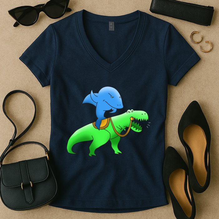 T-Rex Riding A Shark Women's V-Neck T-Shirt