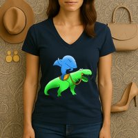 T-Rex Riding A Shark Women's V-Neck T-Shirt
