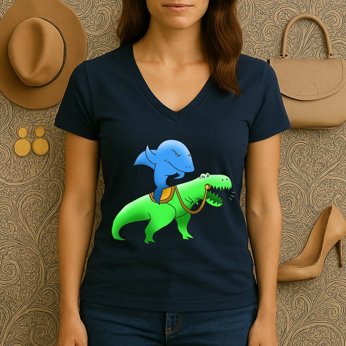 T-Rex Riding A Shark Women's V-Neck T-Shirt