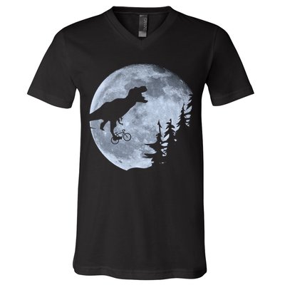 T-Rex Riding To The Moon  V-Neck T-Shirt