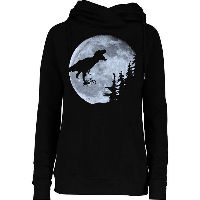 T-Rex Riding To The Moon  Womens Funnel Neck Pullover Hood