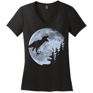 T-Rex Riding To The Moon  Women's V-Neck T-Shirt