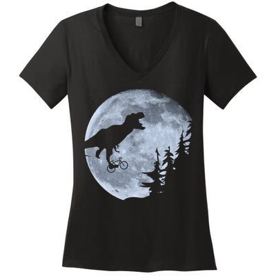 T-Rex Riding To The Moon  Women's V-Neck T-Shirt