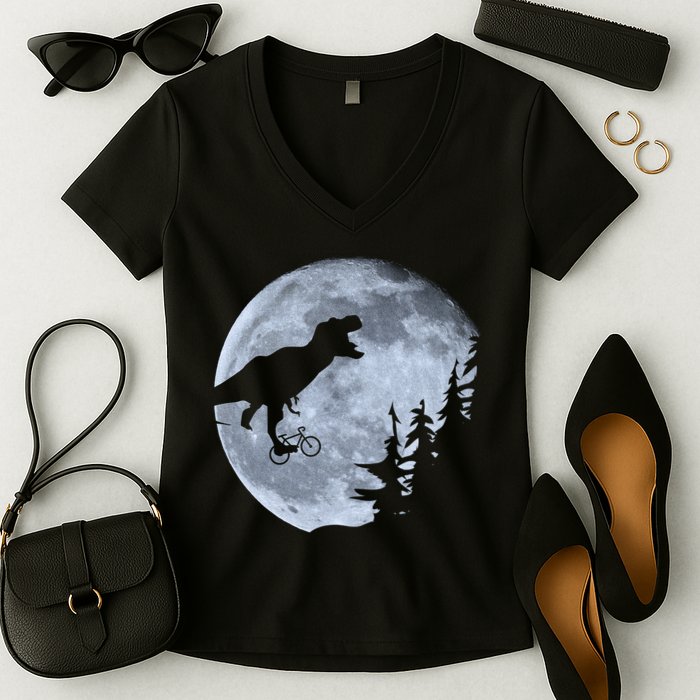T-Rex Riding To The Moon  Women's V-Neck T-Shirt
