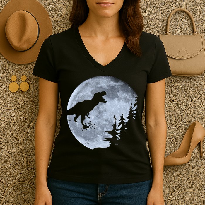 T-Rex Riding To The Moon  Women's V-Neck T-Shirt