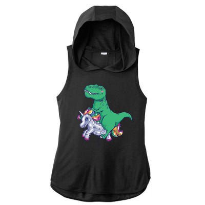 T-Rex Riding Unicorn Ladies PosiCharge Tri-Blend Wicking Draft Hoodie Tank