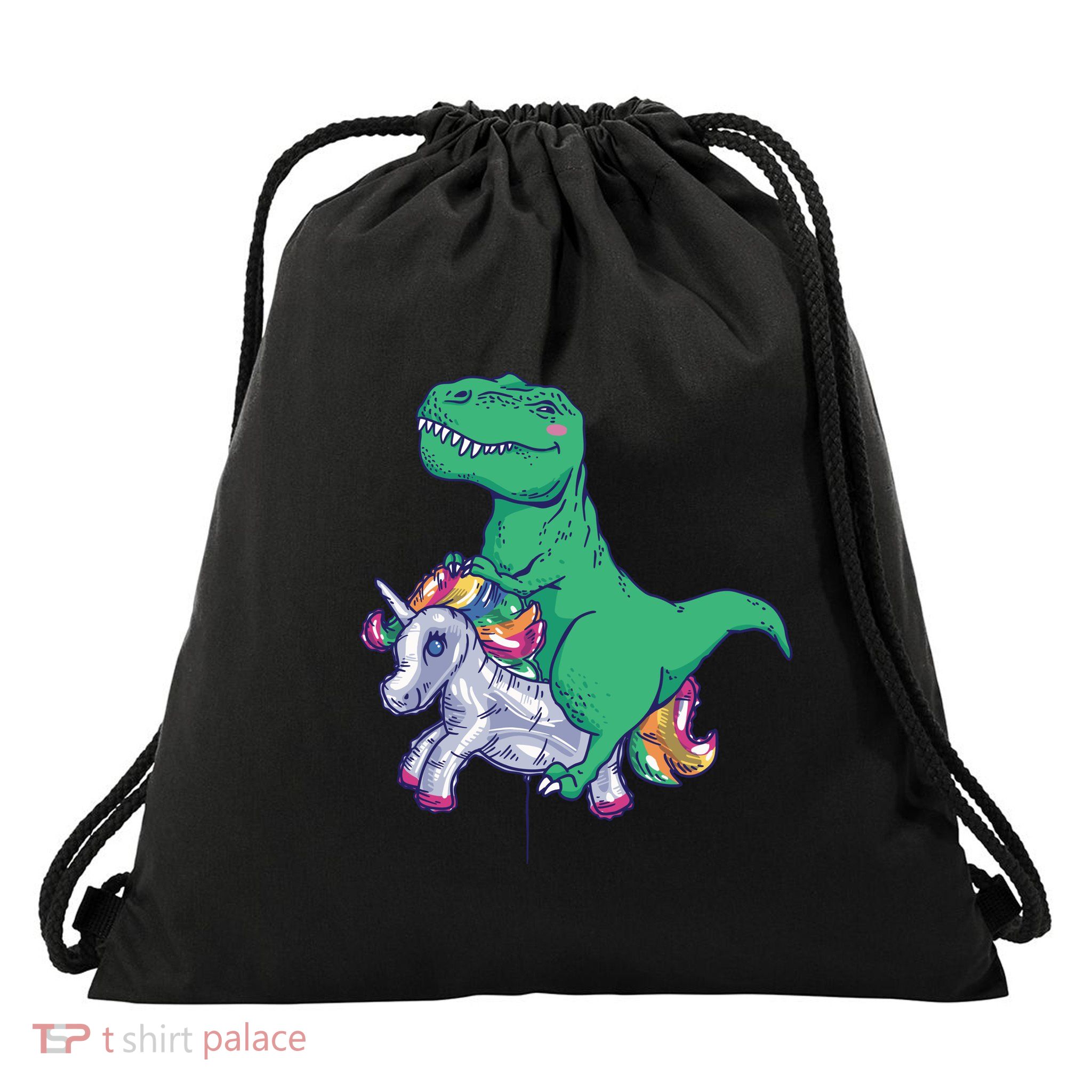T-Rex Riding Unicorn Drawstring Bag