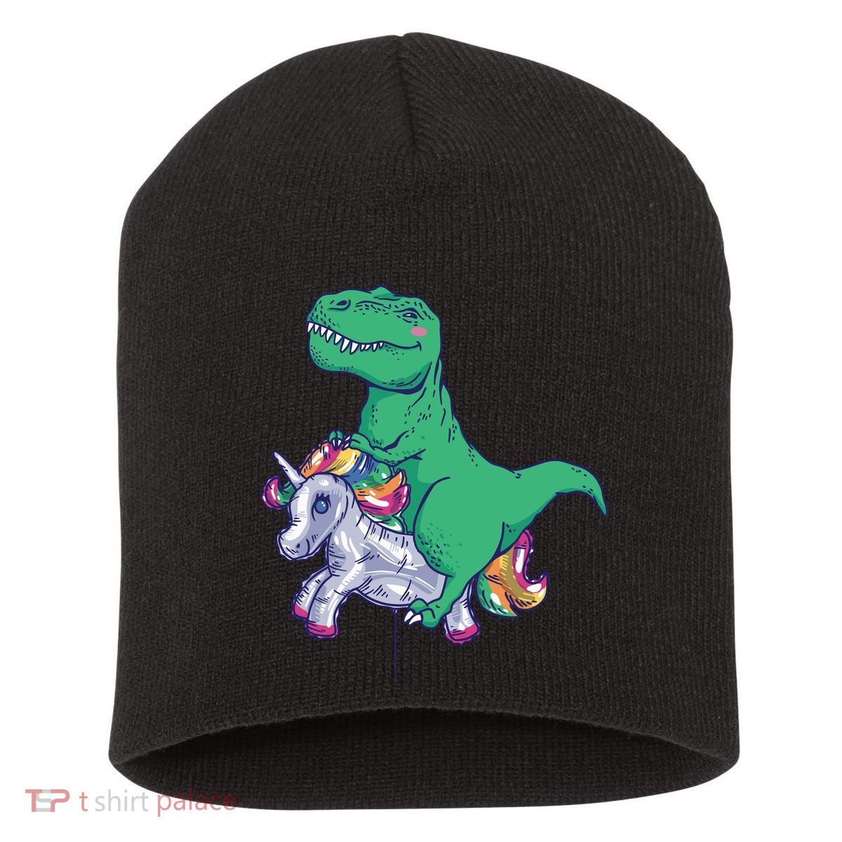 T-Rex Riding Unicorn Short Acrylic Beanie