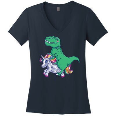 T-Rex Riding Unicorn Women's V-Neck T-Shirt