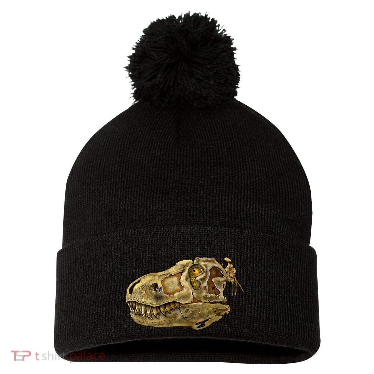 T-Rex Skull Skeleton Head Pom Pom 12in Knit Beanie