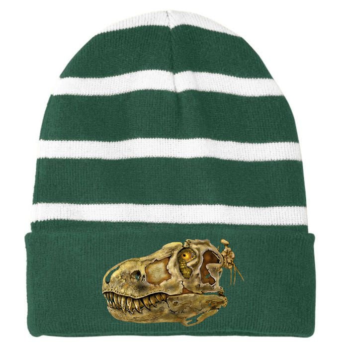 T-Rex Skull Skeleton Head Striped Beanie with Solid Band