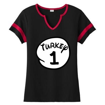 Turkey 1 2 3 Funny Thanksgiving Matching Ladies Halftime Notch Neck Tee