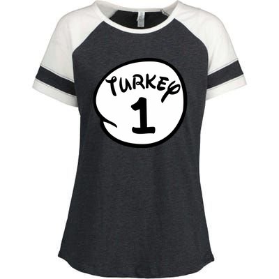 Turkey 1 2 3 Funny Thanksgiving Matching Enza Ladies Jersey Colorblock Tee