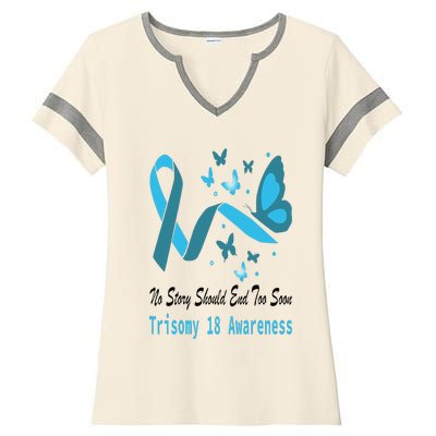 Trisomy 18 Awareness Butterfly Support Light Blue Ribbon Ladies Halftime Notch Neck Tee