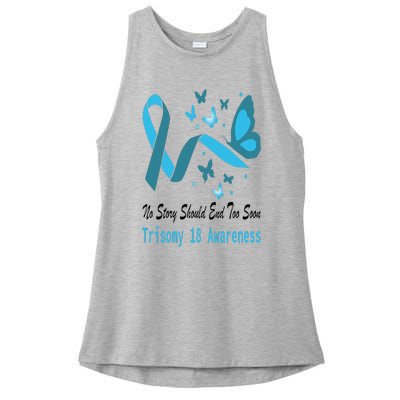 Trisomy 18 Awareness Butterfly Support Light Blue Ribbon Ladies PosiCharge Tri-Blend Wicking Tank