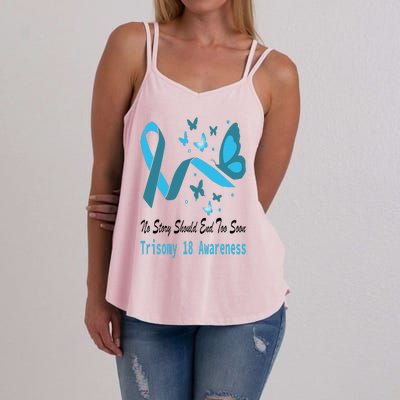 Trisomy 18 Awareness Butterfly Support Light Blue Ribbon Women's Strappy Tank