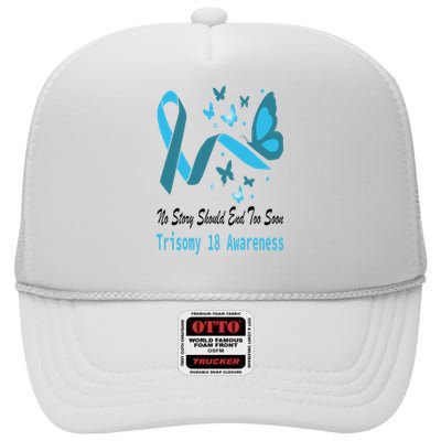 Trisomy 18 Awareness Butterfly Support Light Blue Ribbon High Crown Mesh Back Trucker Hat