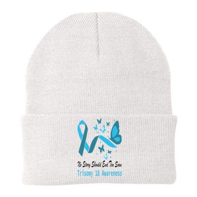 Trisomy 18 Awareness Butterfly Support Light Blue Ribbon Knit Cap Winter Beanie