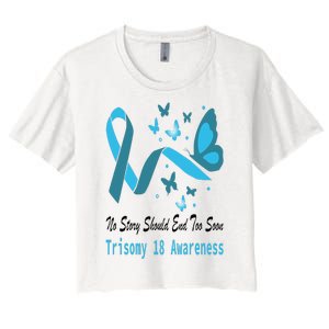 Trisomy 18 Awareness Butterfly Support Light Blue Ribbon Women's Crop Top Tee