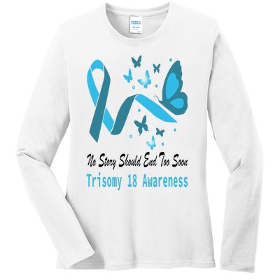 Trisomy 18 Awareness Butterfly Support Light Blue Ribbon Ladies Long Sleeve Shirt