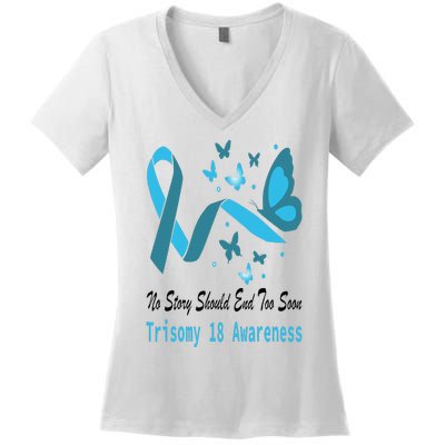 Trisomy 18 Awareness Butterfly Support Light Blue Ribbon Women's V-Neck T-Shirt