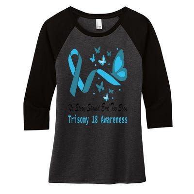 Trisomy 18 Awareness Butterfly Support Light Blue Ribbon Women's Tri-Blend 3/4-Sleeve Raglan Shirt