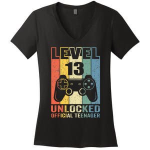 Teenager 13th Birthday Gift Level 13 Unlocked Women's V-Neck T-Shirt