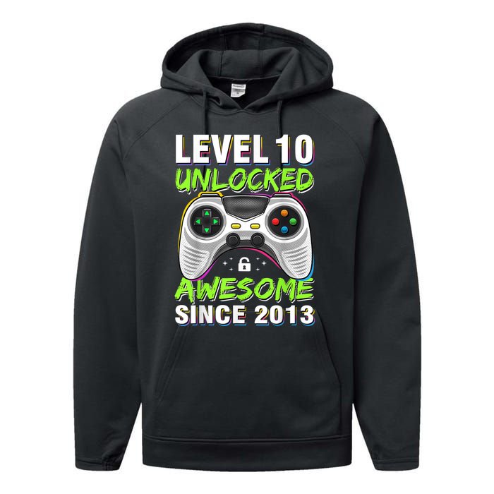 Ten 10yr BDay Son Boy Funny Gamer 10th 10 Year Old Birthday Performance Fleece Hoodie