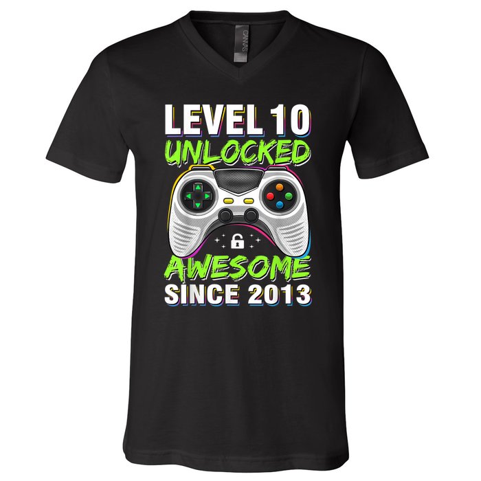 Ten 10yr BDay Son Boy Funny Gamer 10th 10 Year Old Birthday V-Neck T-Shirt